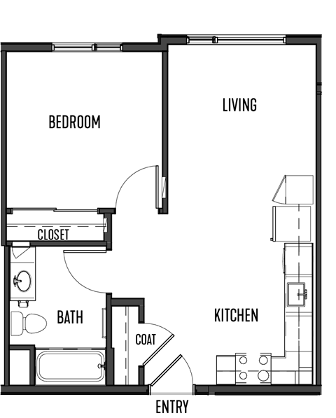 Floor plan for 1 bed, 1 bath, 515 sqft